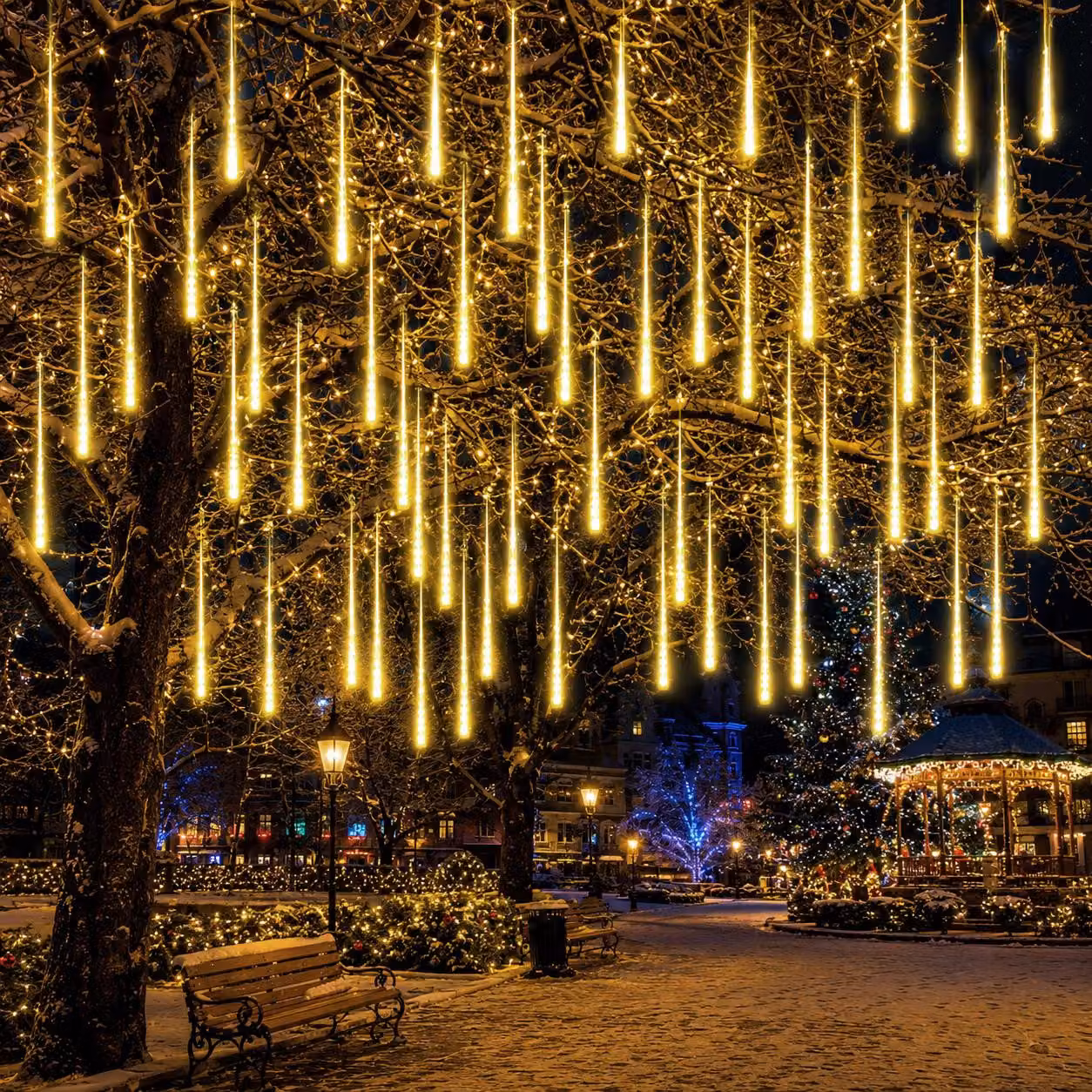 Pioggia di meteoriti, catena luminosa con 8 luci, effetto neve, luci natalizie, decorazioni per Natale, Halloween, matrimonio, luce bianco caldo, 30 cm, 192 LED