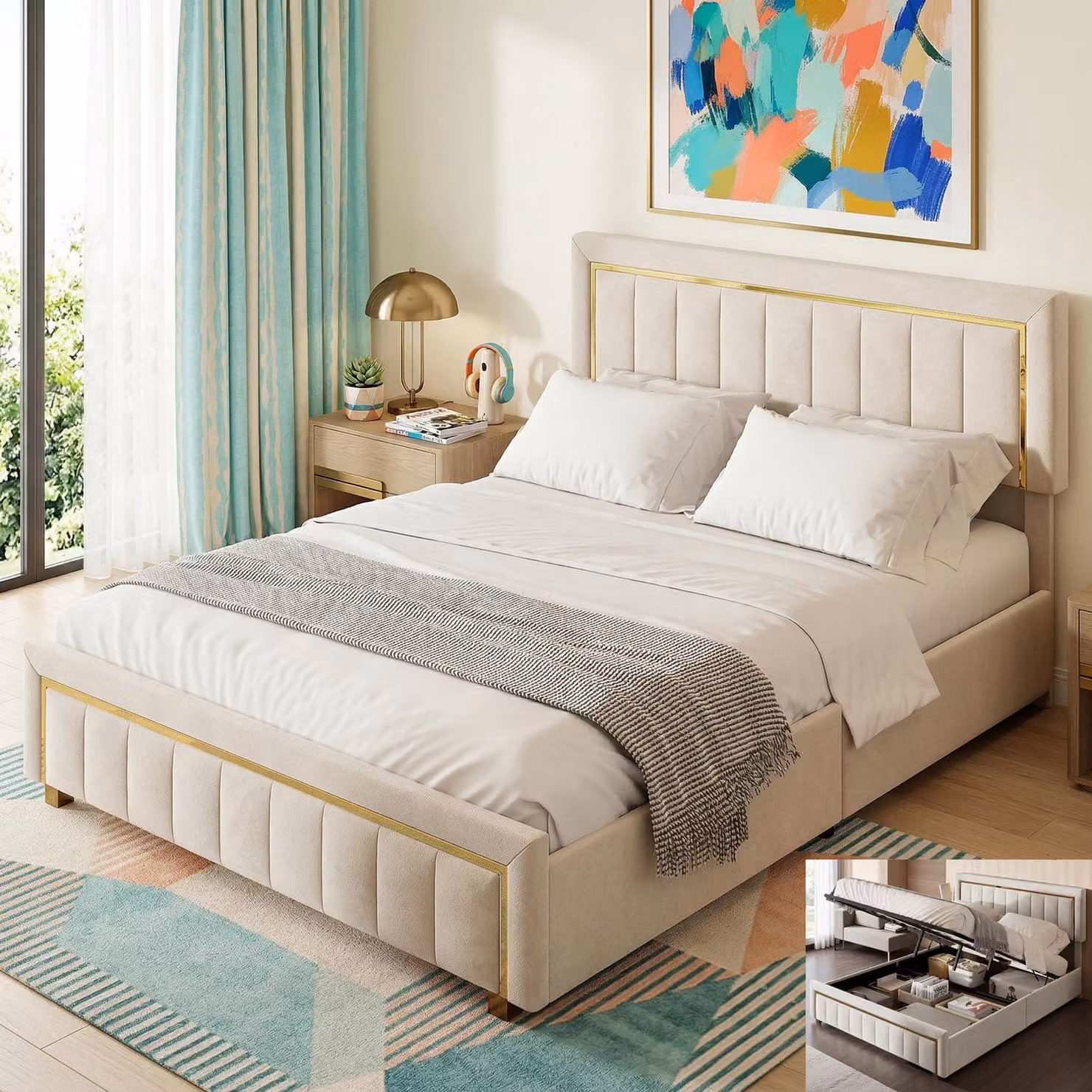 Letto con boxspring INONEFT, 160x200 cm, con sistema di sollevamento idraulico e spazio contenitore, struttura imbottita con rete a molle, letto matrimoniale per ragazzi con contenitore, rivestito in velluto color beige
