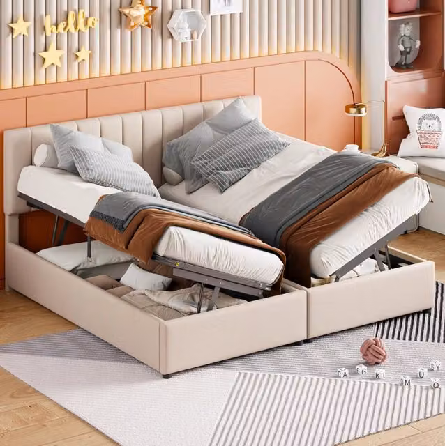 Letto imbottito in lino 180x200 cm con contenitore idraulico; trasformabile in 2 letti da 90 cm; beige