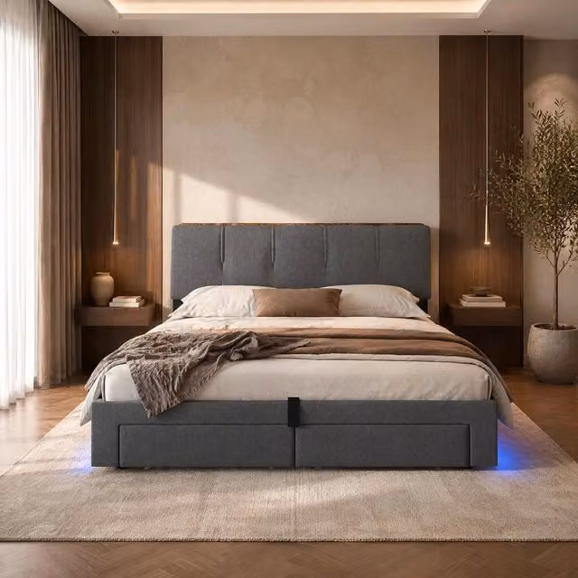 Letto contenitore idraulico 140x200 cm con USB Type-C; LED e lino grigio