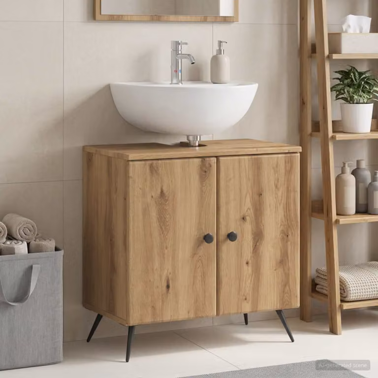 Armadio per lavabo da bagno vidaXL BREDA Rovere moderno con ante a battente, Marrone e Nero, L: 59,5 cm, P: 31,5 cm, H: 59 cm