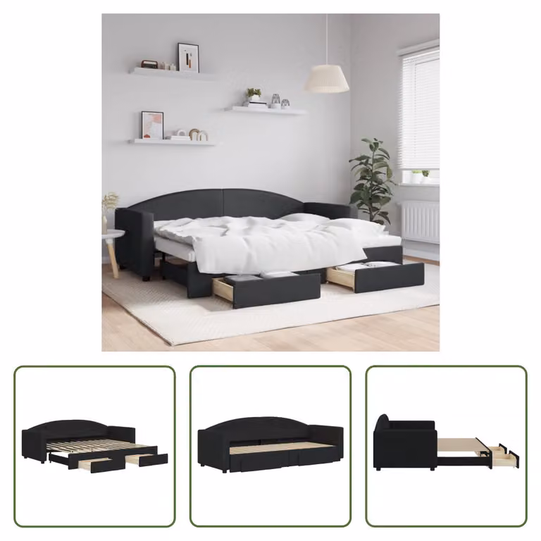 The Living Store Lettino allungabile con cassetti nero 80x200 cm in tessuto