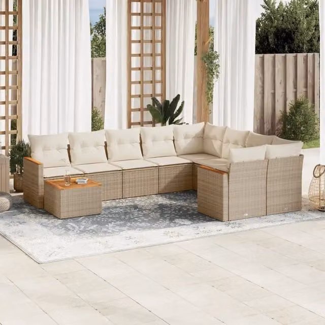 Set Divano da Giardino a Forma di U vidaXL da 10 Pezzi con Cuscini Beige in Polyrattan e Struttura in Metallo
