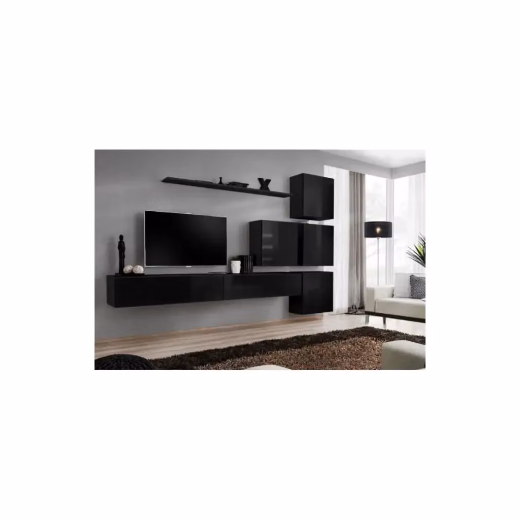 Composizione murale moderna Meublorama SWITCH IX per soggiorno, mobile TV sospeso nero lucido, L: 310 cm – 2