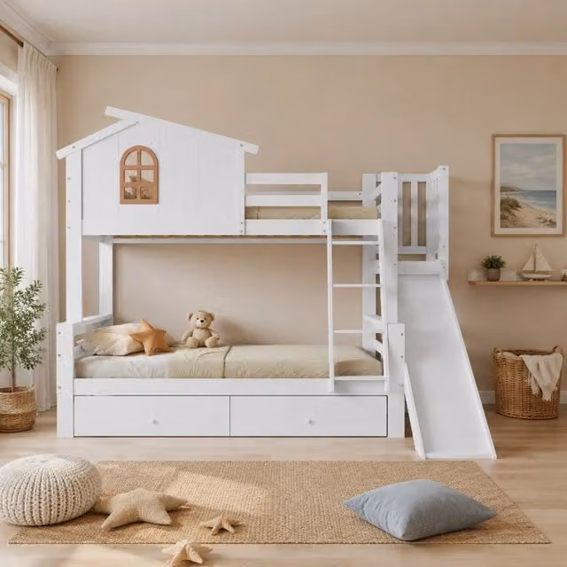 Letto a castello Mivray per bambini in legno bianco con scivolo, scala inclinata e 2 cassetti, L/P/H: 247 x 189 x 163,5 cm