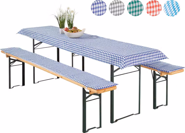 heimtexland ® Set di 3 coperture per set da birreria 2x imbottitura per panca da birreria 1x tovaglia a quadretti Vichy Decorazione da tavolo da giardino tipo 331 blu Dimensioni tavolo 50x220 cm