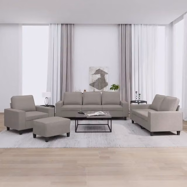 Set di divani moderno vidaXL in tessuto beige e grigio composto da divano a 3 posti, divano a 2 posti e pouf con cuscini inclusi