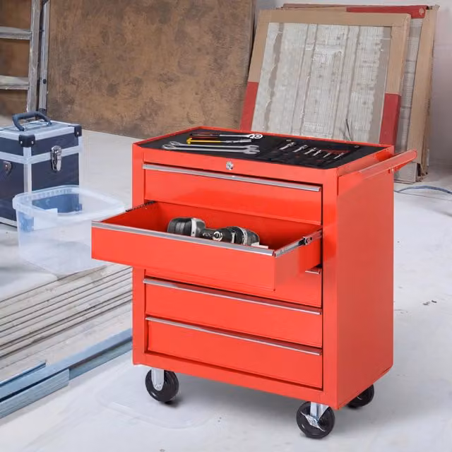 Carrello portautensili OkMyHome in acciaio rosso con 7 cassetti chiudibili e ruote, portata 150 kg, L/P/H: 75 x 33 x 69 cm
