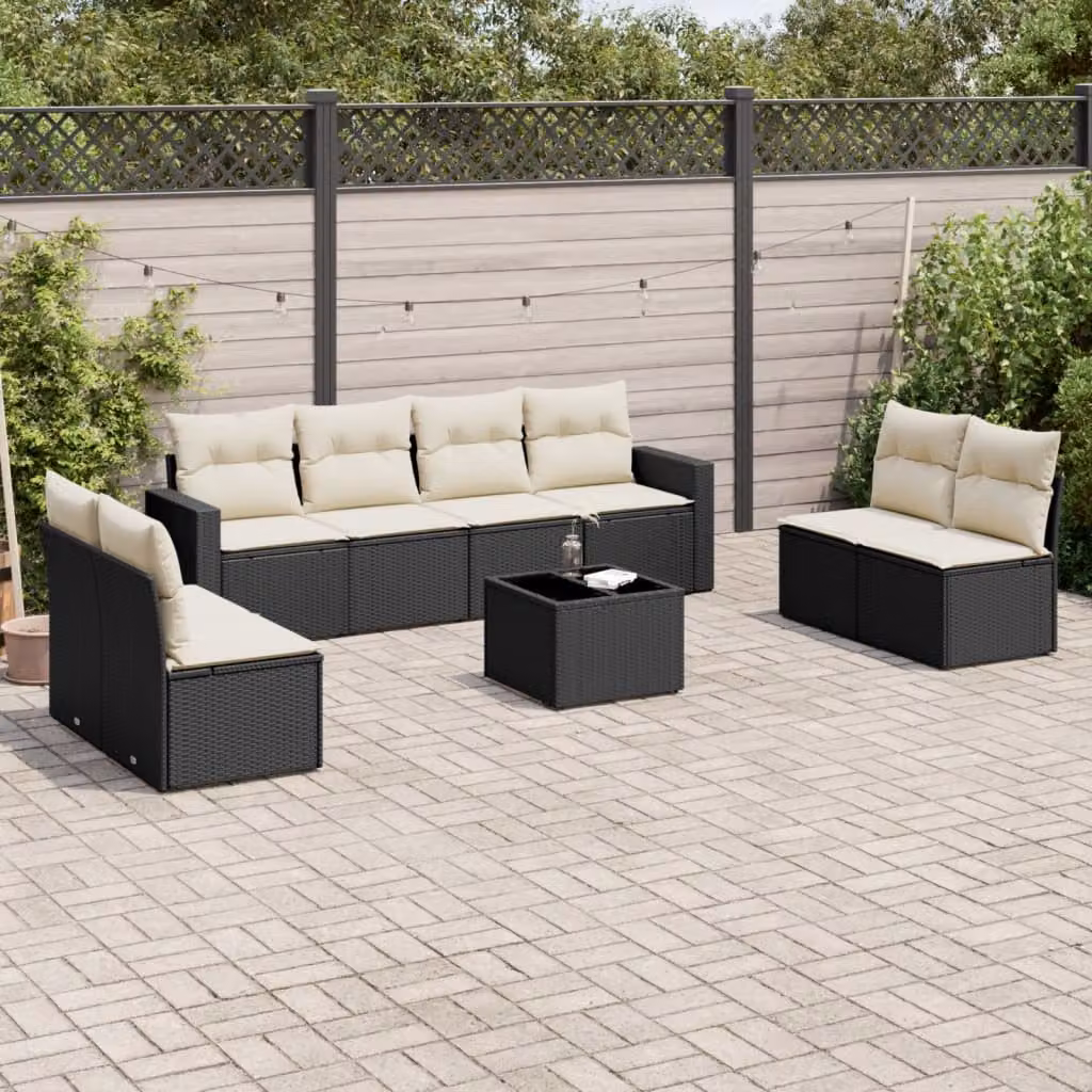 Set di divani da giardino vidaXL in polyrattan nero con 9 pezzi e cuscini inclusi – 1
