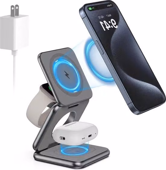 Caricabatterie Magnetico 3 in 1 Pieghevole per iPhone 15-14-13-12, Apple Watch e AirPods, Grigio