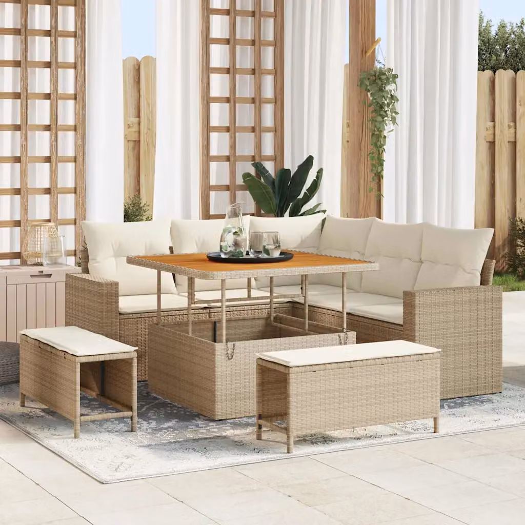 Set Divano da Giardino vidaXL 9 Pezzi a Forma di L con Tavolino e Pouf Beige e Bianco – 1