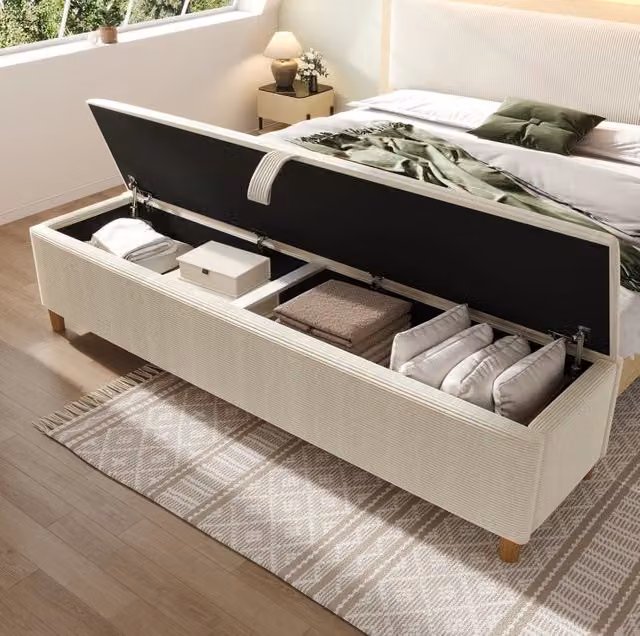 Panca contenitore MODFU in tessuto velluto beige con struttura in legno L: 165 cm, P: 38 cm, H: 46 cm