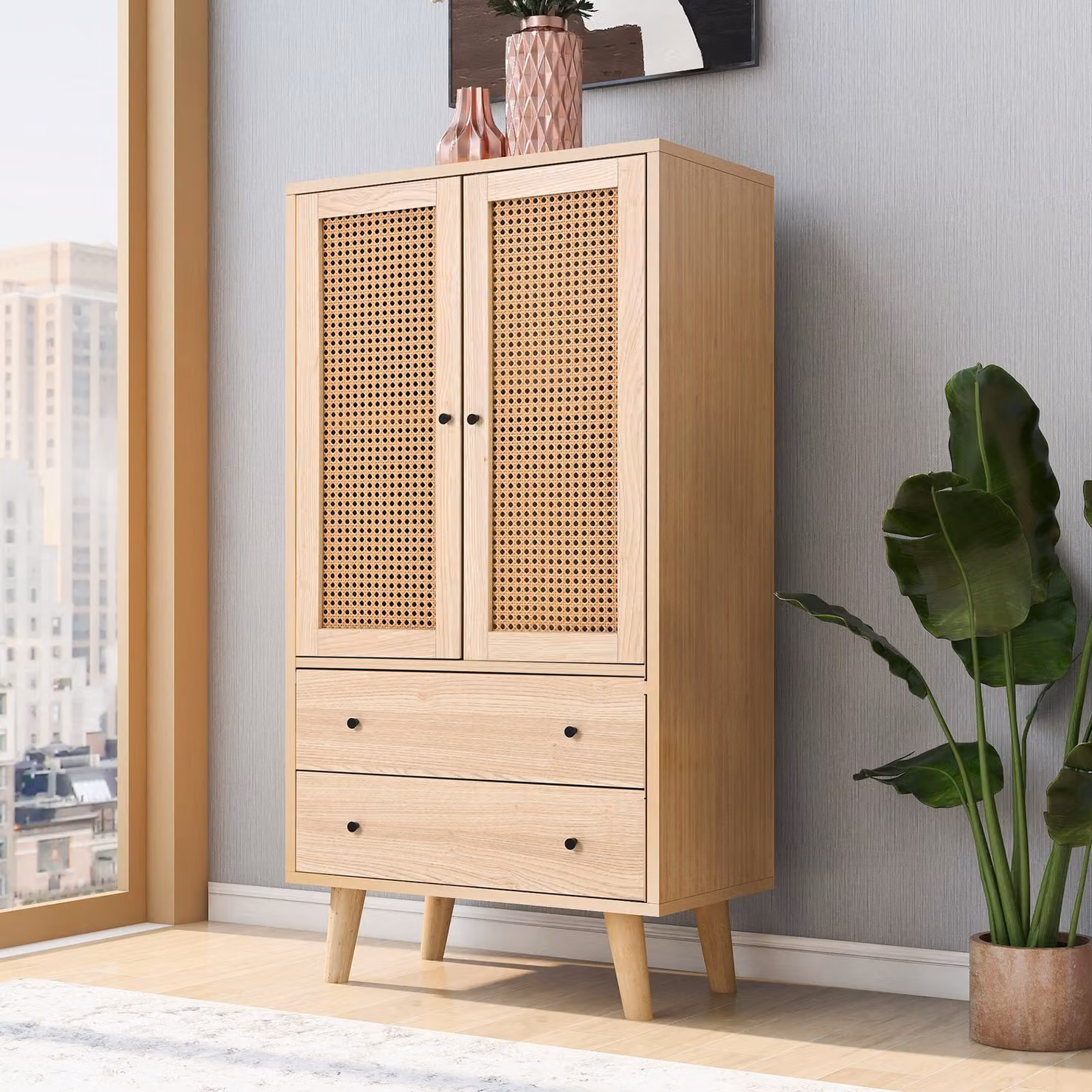Credenza Sweiko, credenza con ante in rattan e 2 cassetti, gambe in legno, 60*40*120cm