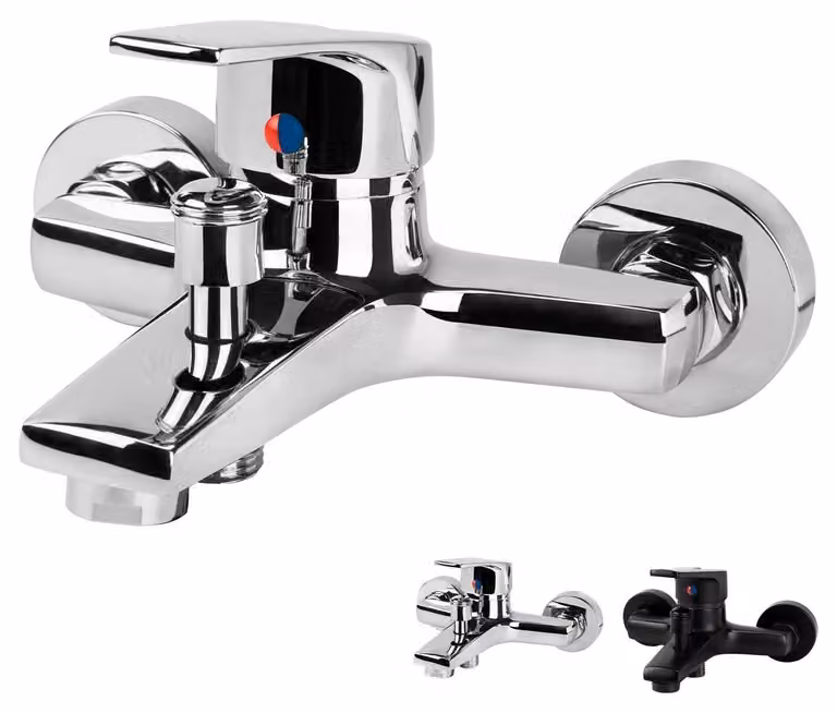 Miscelatore per vasca da bagno monocomando, da montare a parete, in ottone cromato, quadrato, con deviatore per il flesso doccia