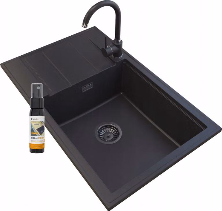 Granitan - Lavello in granito - Lavello da cucina - 80x50 cm - Nero - con rubinetteria BETA e scolapiatti - LOUIS