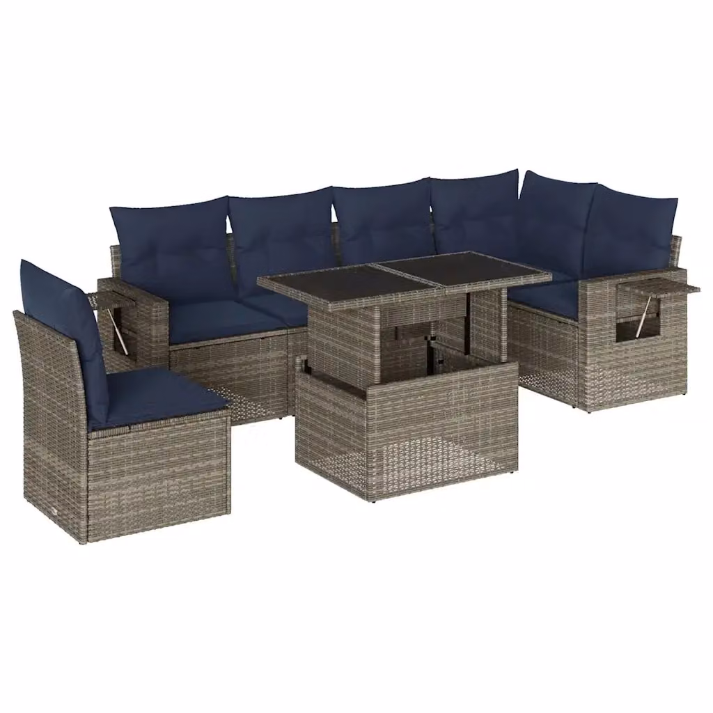 Set da giardino componibile vidaXL a forma di L con 7 pezzi, divani con cuscini grigi e tavolino da caffè in polyrattan e metallo – 2