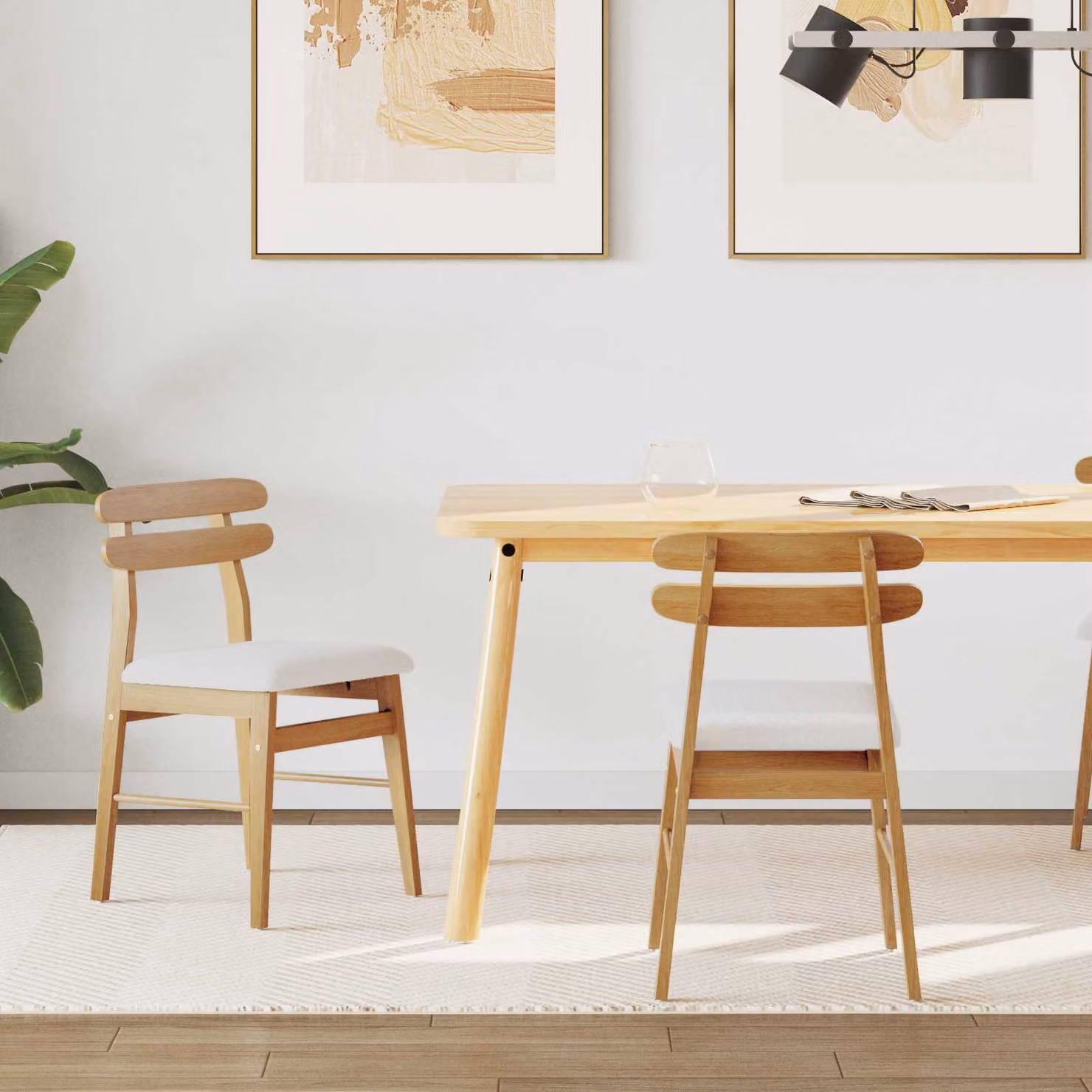 Set di 2 sedie da pranzo vidaXL in legno di gomma naturale e chiaro con seduta in tessuto beige