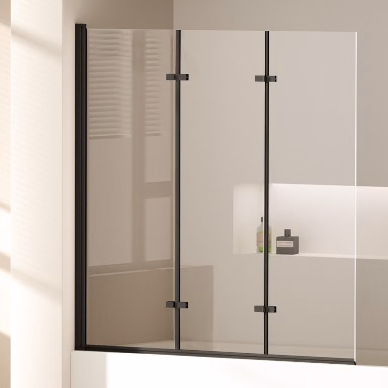 EMKE Cabina doccia 130 x 140 cm Telaio nero opaco Schermo pieghevole per vasca da bagno Vetro di sicurezza ESG nanorivestito Schermo doccia Vetro per vasche da bagno