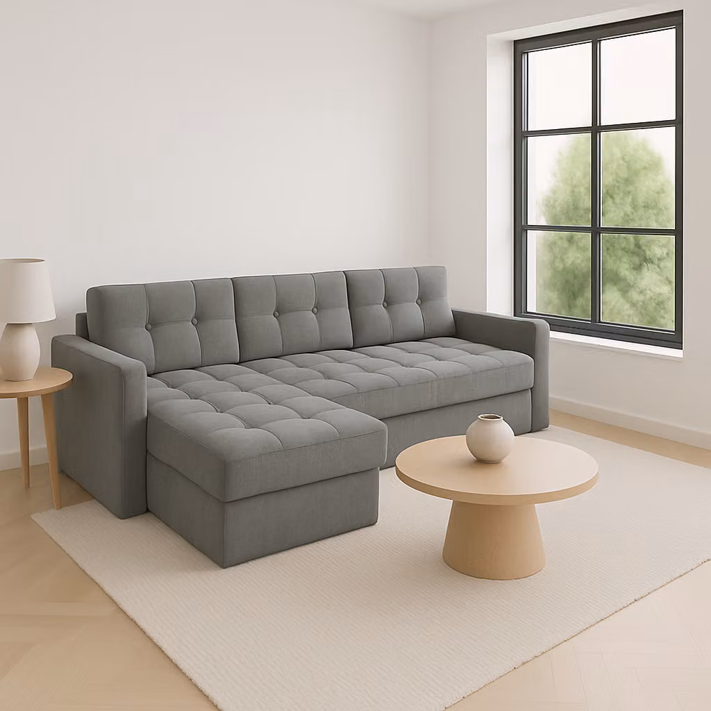 DIVANO ANGOLARE GUTTO GUTTO con funzione letto, color grigio chiaro, rivestito in velluto IVIO I, disponibile in colori di tendenza. Cuciture moderne. NOVITÀ 2025!!