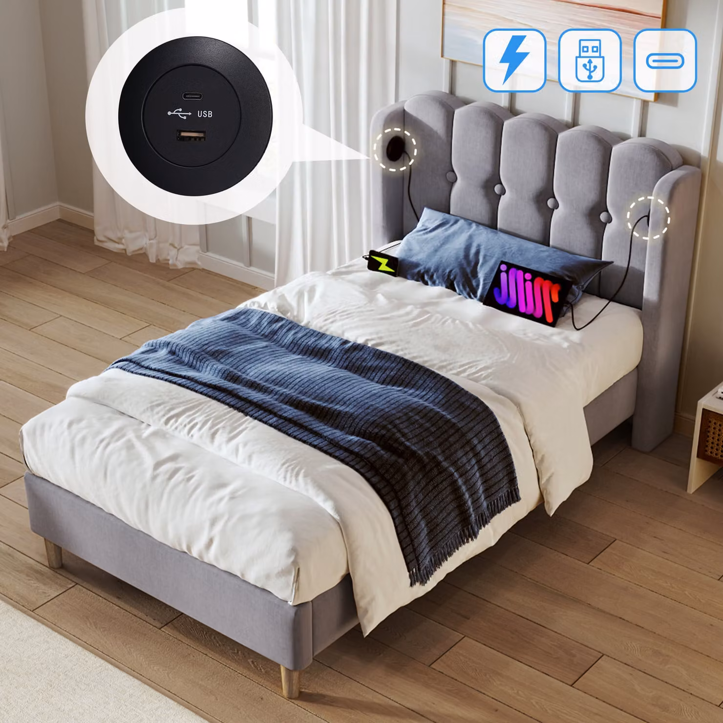 Letto imbottito STILVORA 90x200 cm, letto singolo con funzione di ricarica USB Type-C, letto per ragazzi con rete a doghe, velluto, grigio (senza materasso)