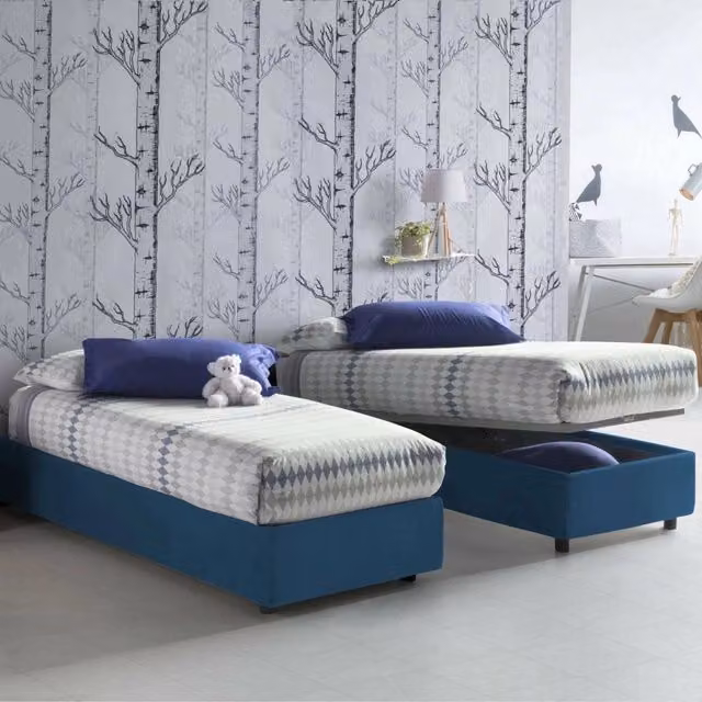 Letto singolo contenitore Acrostico Talamo Italia con rivestimento in tessuto blu, adatto per materasso 90x190 cm