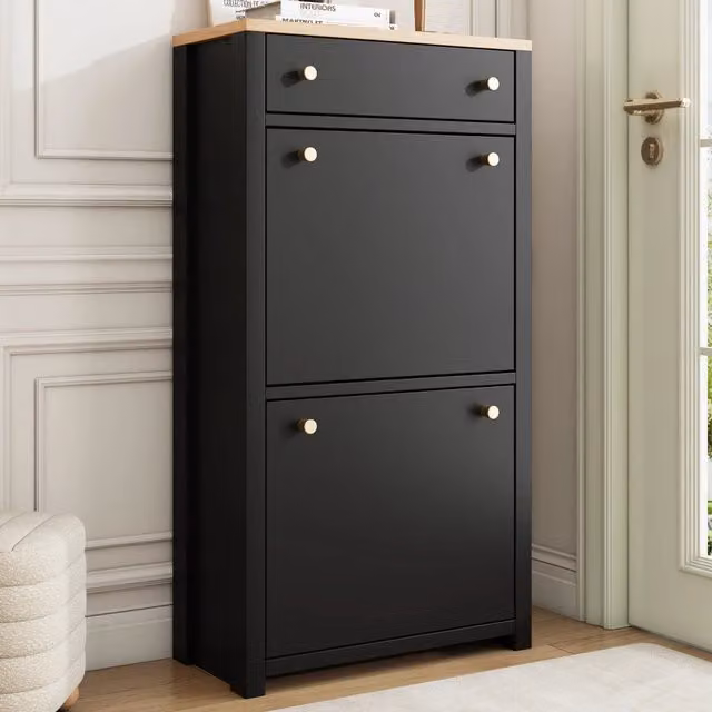 Scarpiera moderna OKWISH in MDF nero con 1 cassetto e 2 ante ribaltabili per ingresso, L: 50 cm, P: 25 cm, H: 90 cm