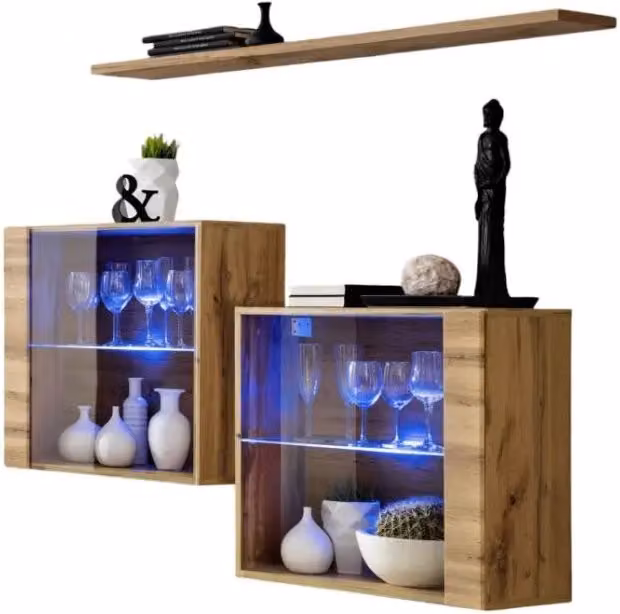 Composizione murale SWITCH SBIII – Cubi vetrati LED e mensola – Rovere Wotan – Design moderno