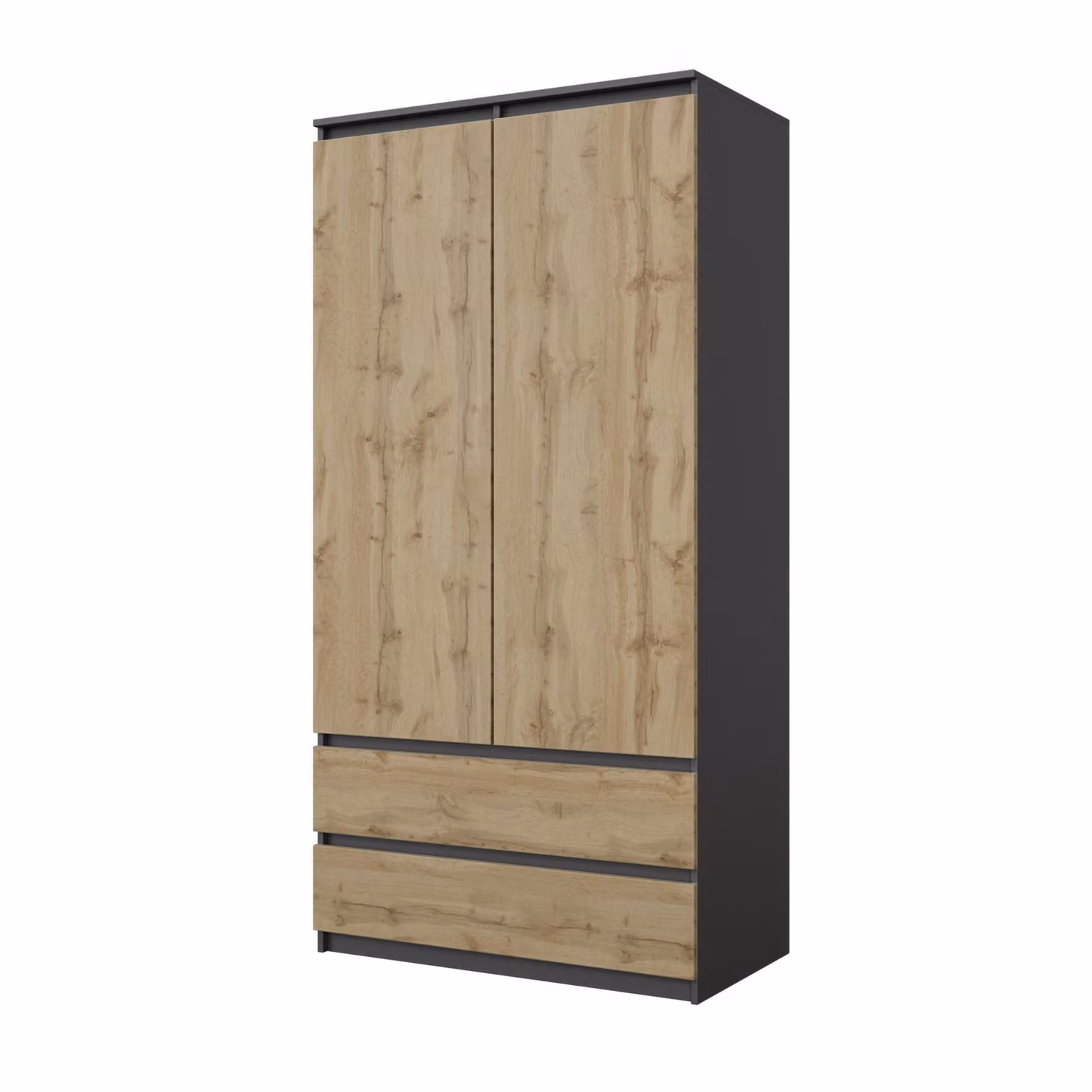 Armadio Antracite / Rovere Wotan – Armadio Camera da Letto 2 Ante con 2 Cassetti, Guardaroba L90 x H180 x P50 cm