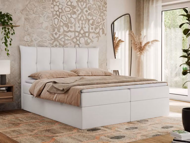 MKS MEBLE Letto boxspring 160x200 con contenitore e materasso H3, letto imbottito 160x200 con contenitore, letto 160x200 con spazio contenitivo e topper - Premium-10 - Ecopelle bianca