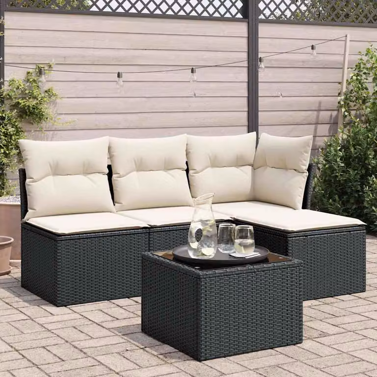 vidaXL Set Divani da Giardino 5 pz a Forma a L con Cuscini in Polyrattan e Tavolino Nero