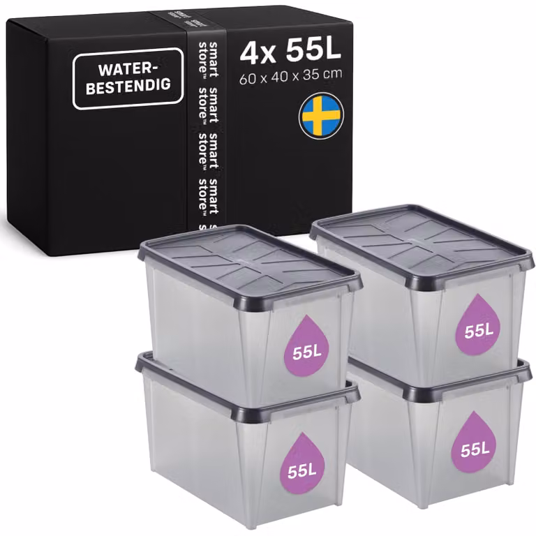 Contenitore di stoccaggio con coperchio, capacità 55 litri, set da 4