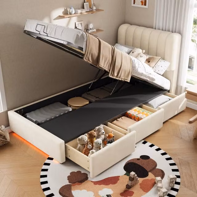 Letto contenitore ULEVR 90x200 cm con 3 cassetti, LED e rivestimento in velluto beige