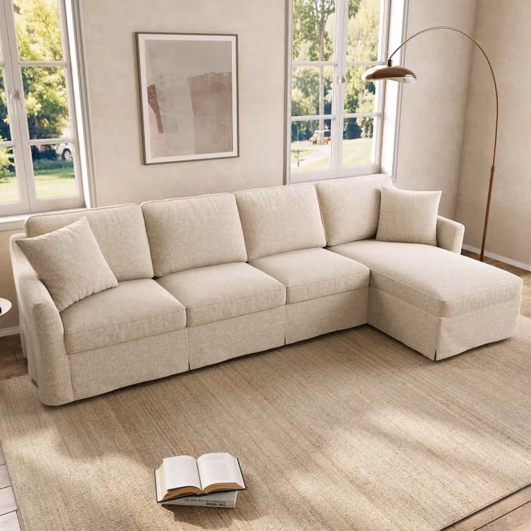 Divano angolare MODFU, modello a L, 4 posti, con chaise longue contenitore, grande divano con rivestimento in cotone e lino, divano relax color beige, dimensioni 274 x 128,5 x 83 cm
