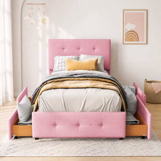 Letto imbottito REDOM in velluto rosa con cassetto e rete a doghe L/P/H: 90 x 200 cm