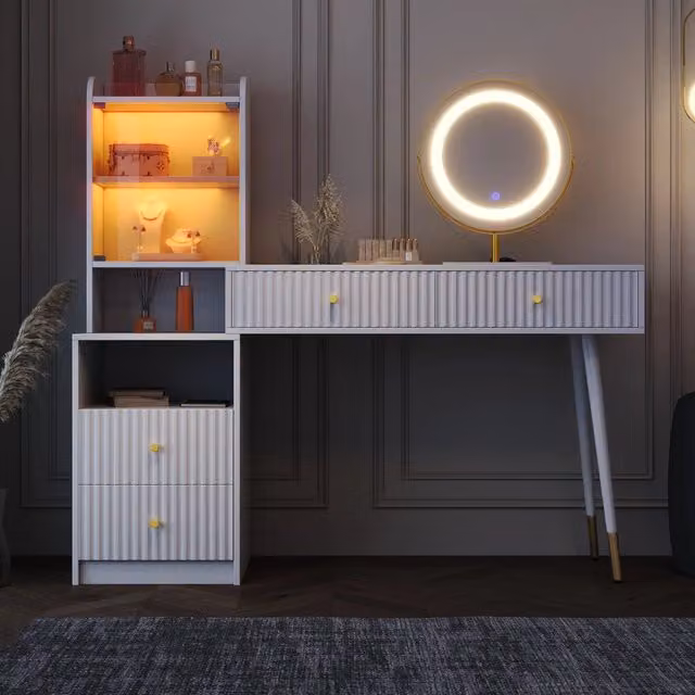 Toeletta Hollywood LED con specchio a 3 colori REDOM bianco L 100 cm, P 40 cm, H 125 cm