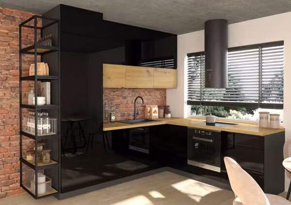 Mobile da cucina a L FLORENCE 248x245cm lava - nero rovere lucido artisan REJS guida a estrazione totale