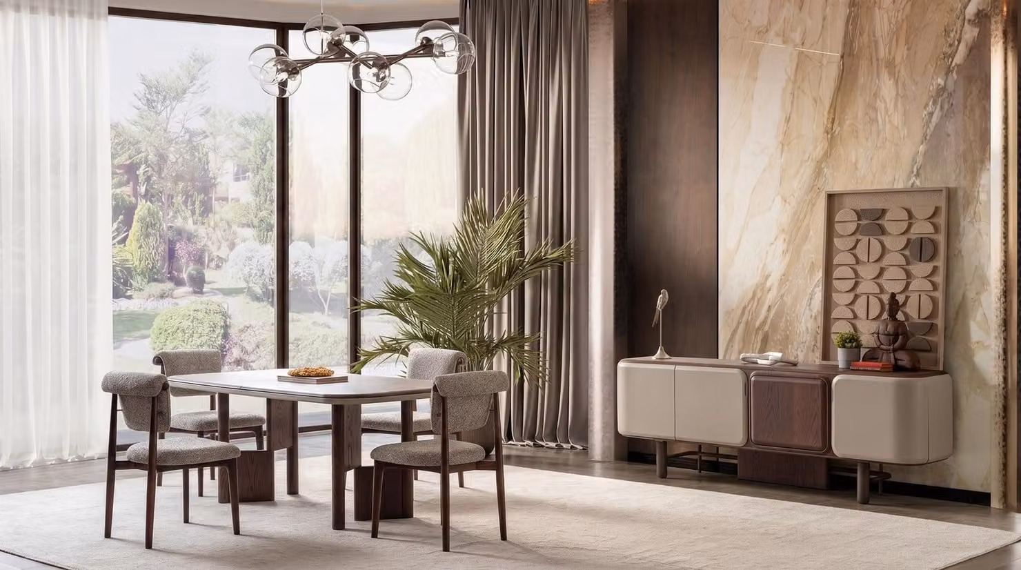 Eleganti mobili per la sala da pranzo, comprensivi di tavolo, sedie e un'ampia credenza di design