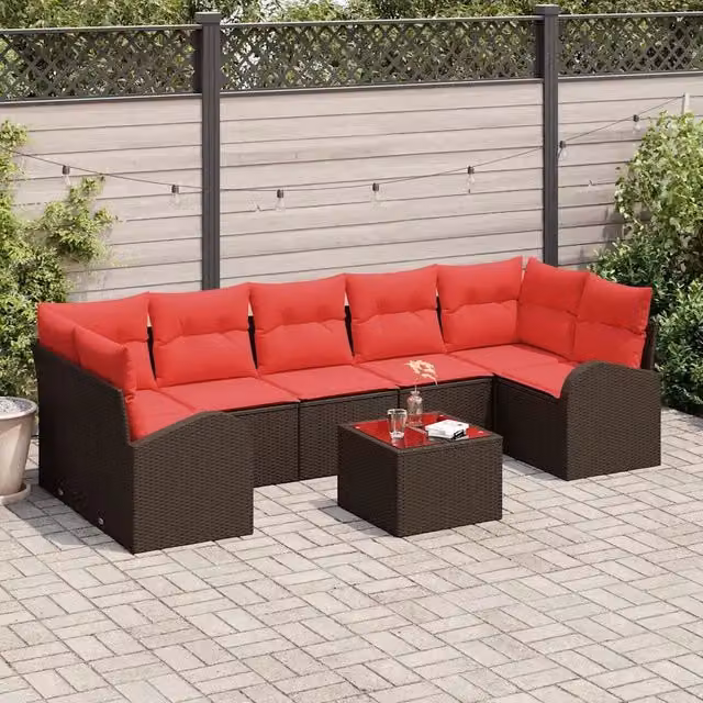 Set Divano da Giardino 8 pz 7-Numero di posti Marrone e Rosso 3345964