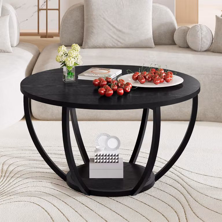 Tavolino rotondo, a due ripiani, diametro 70 cm, colore nero, per soggiorno