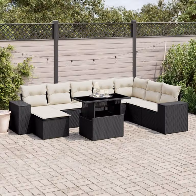 Set di divani da giardino vidaXL in polyrattan nero con cuscini, tavolino e pouf, design moderno a L