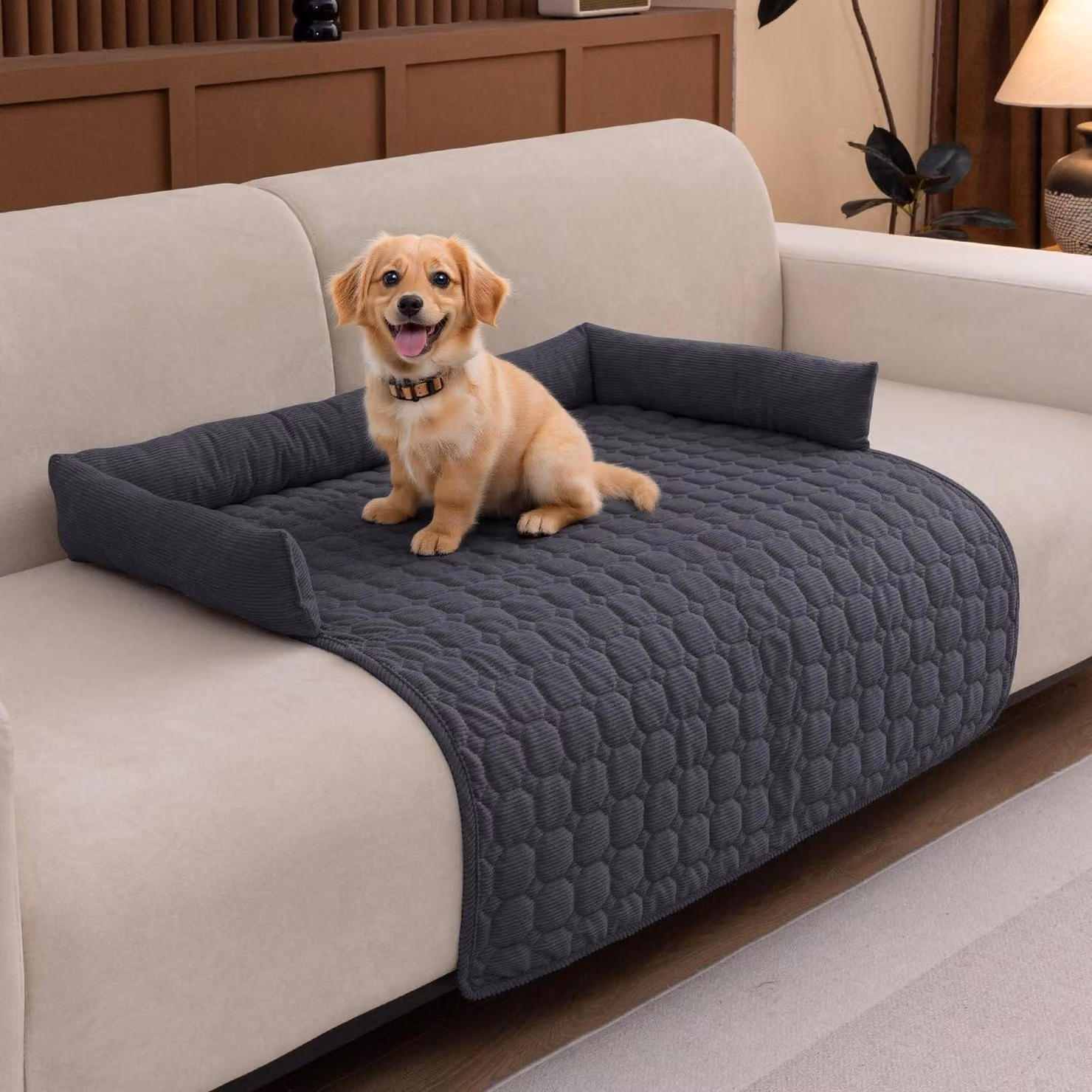 Copertura per divano per animali domestici, in peluche, lavabile, antiscivolo, color grigio scuro, dimensioni 90 x 90 x 12 cm