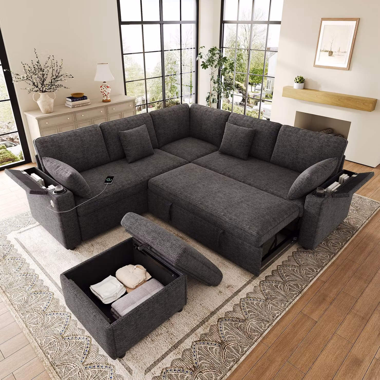 Divano letto a forma di L con cuscino lombare e cuscini, divano angolare con poggiapiedi contenitore, divano classico con porta USB/Type-C, grigio