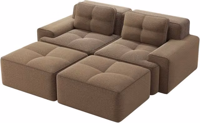 Divano modulare DESMIU in velluto a coste marrone, modello a U, senza struttura rigida, 2 posti con pouf, profondità seduta 74 cm, senza montaggio