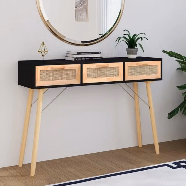 Tavolo Consolle vidaXL in Legno di Pino e Rattan Naturale, Colore Nero, L 105 x P 30 x H 75 cm