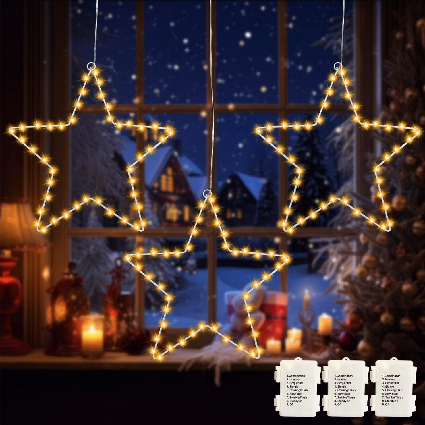 Set di candele decorative a LED, 3 pezzi, 45 LED bianco caldo, con timer, alimentate a batteria