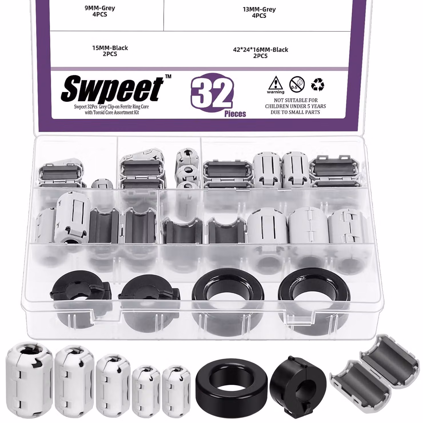 Set di anelli ferromagnetici, 32 pezzi, 7 dimensioni, grigio, da fissare, da 3,5 a 42 mm