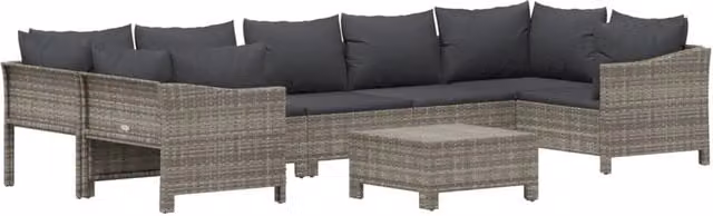 Set da giardino Outsunny a 8 pezzi in resina intrecciata grigia con cuscini e pouf coordinato