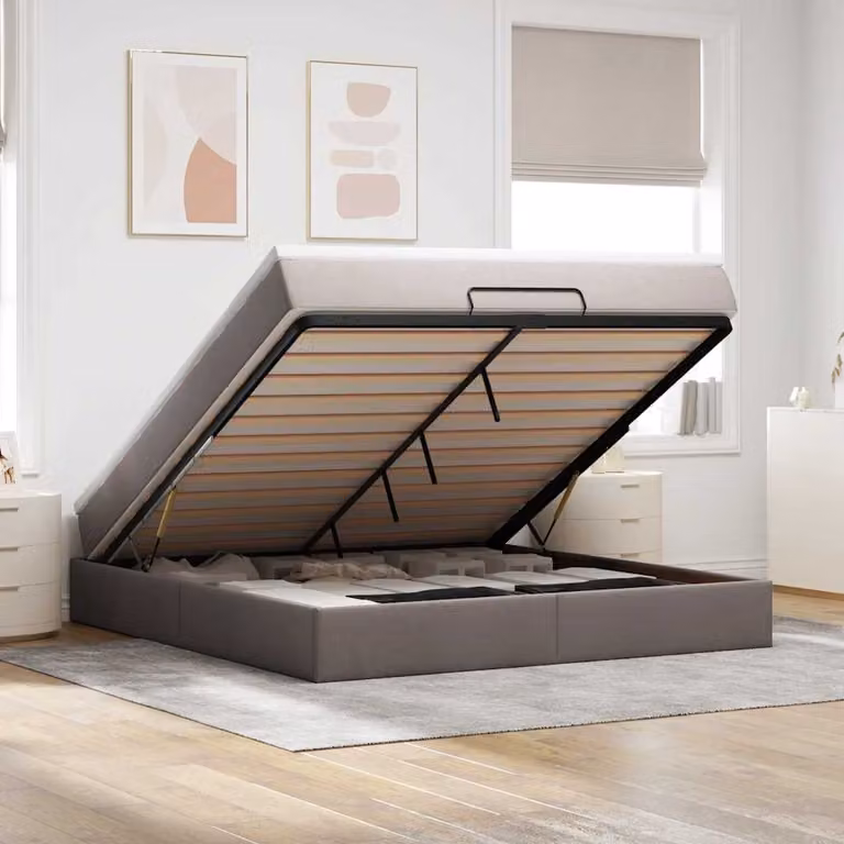 Letto con contenitore a sollevamento vidaXL in tessuto tortora con materasso L: 180 cm, P: 200 cm, H: 280 cm
