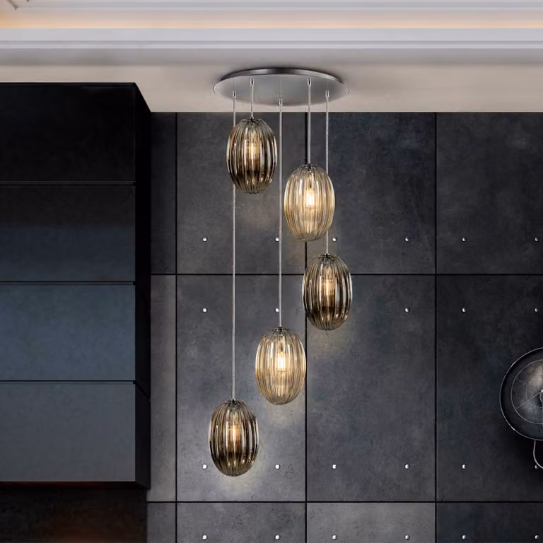 Schuller Valencia Lampada a sospensione in vetro Ovila, dimmerabile, Alluminio / Grigio / Zincato, Soggiorno / Sala da pranzo, Vetro, Lampada a sospensione