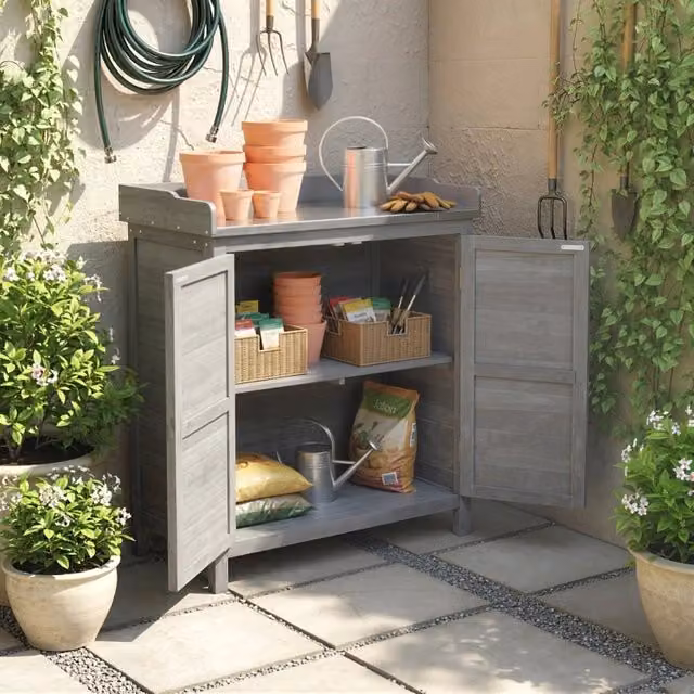 Armadio da giardino MODFU con tavolo da rinvaso in legno di abete e metallo grigio, Altezza: 92 cm